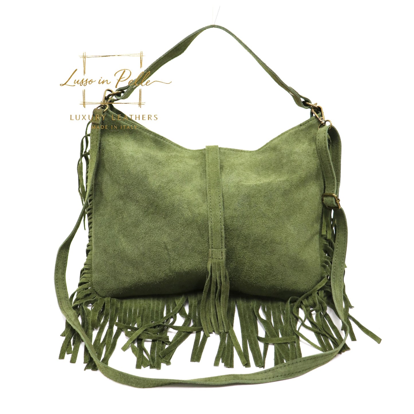 Large Suede Fringe Bag with Shoulder and Crossbody Straps: Handmade Genuine Italian Cowhide Suede Purse