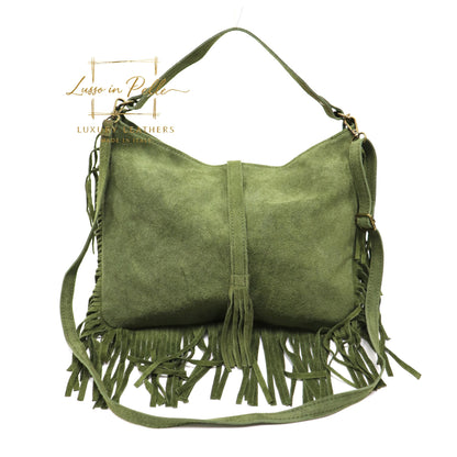 Large Suede Fringe Bag with Shoulder and Crossbody Straps: Handmade Genuine Italian Cowhide Suede Purse