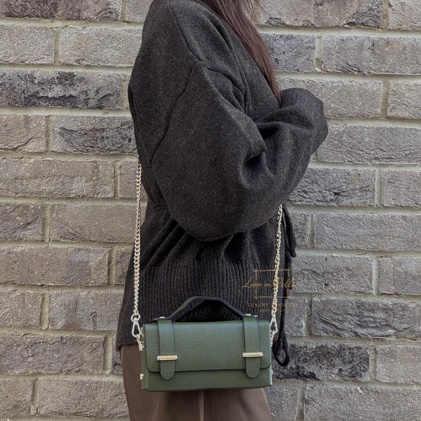 Small Genuine Leather Satchel Bag with Top Handle and Chain Straps