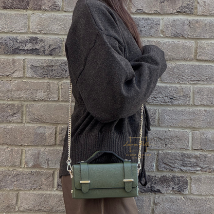 Small Genuine Leather Satchel Bag with Top Handle and Chain Straps