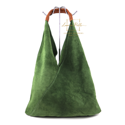 Milano Italian Suede Slouch Hobo Bag with Tan Leather Handle