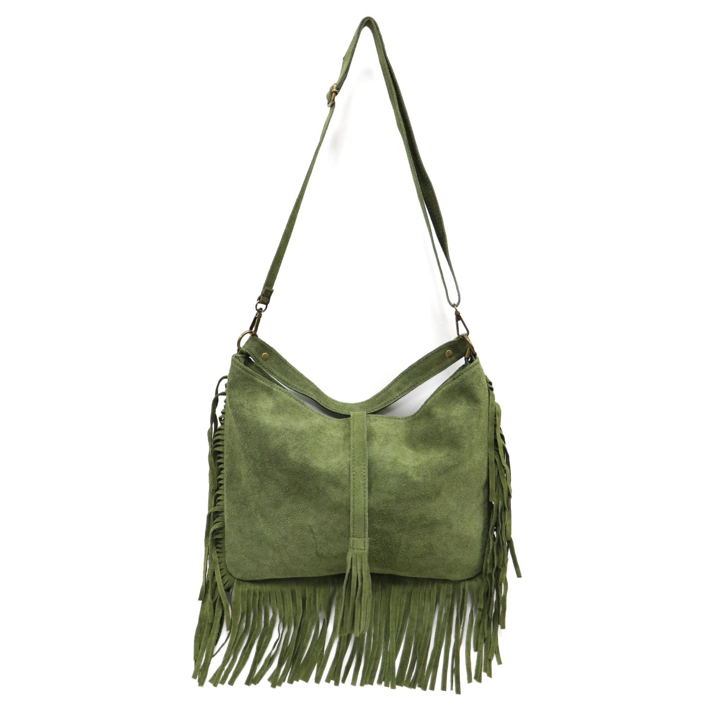 Large Suede Fringe Bag with Shoulder and Crossbody Straps: Handmade Genuine Italian Cowhide Suede Purse