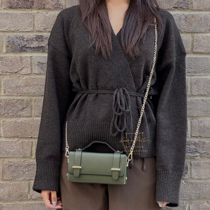 Small Genuine Leather Satchel Bag with Top Handle and Chain Straps