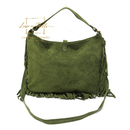 Large Suede Fringe Bag with Shoulder and Crossbody Straps: Handmade Genuine Italian Cowhide Suede Purse