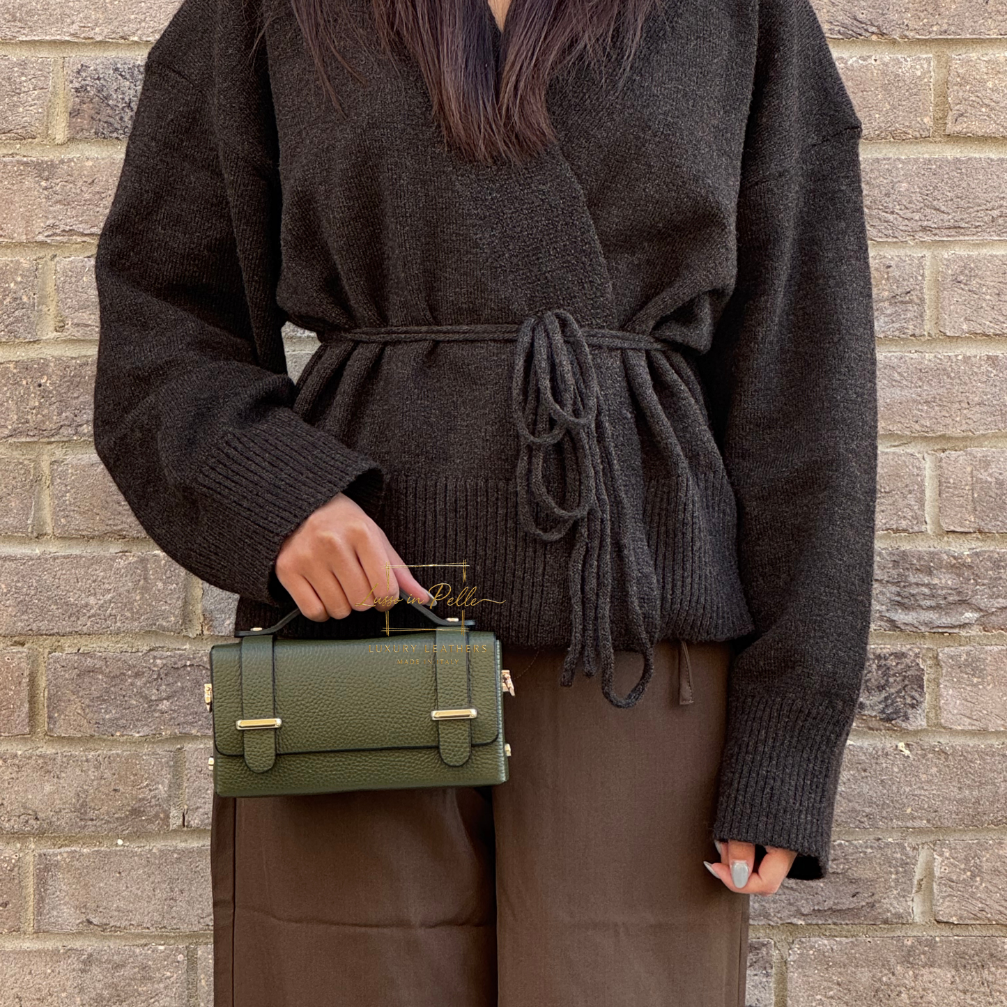 Small Genuine Leather Satchel Bag with Top Handle and Chain Straps