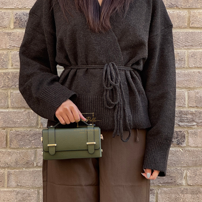 Small Genuine Leather Satchel Bag with Top Handle and Chain Straps