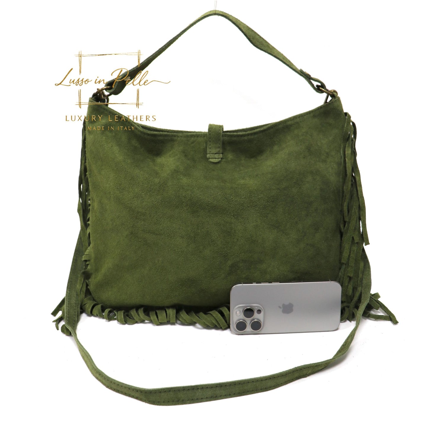 Large Suede Fringe Bag with Shoulder and Crossbody Straps: Handmade Genuine Italian Cowhide Suede Purse