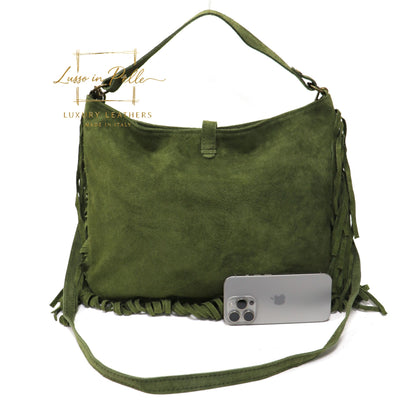 Large Suede Fringe Bag with Shoulder and Crossbody Straps: Handmade Genuine Italian Cowhide Suede Purse