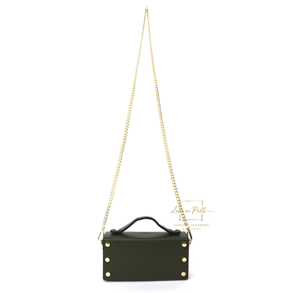 Small Genuine Leather Satchel Bag with Top Handle and Chain Straps