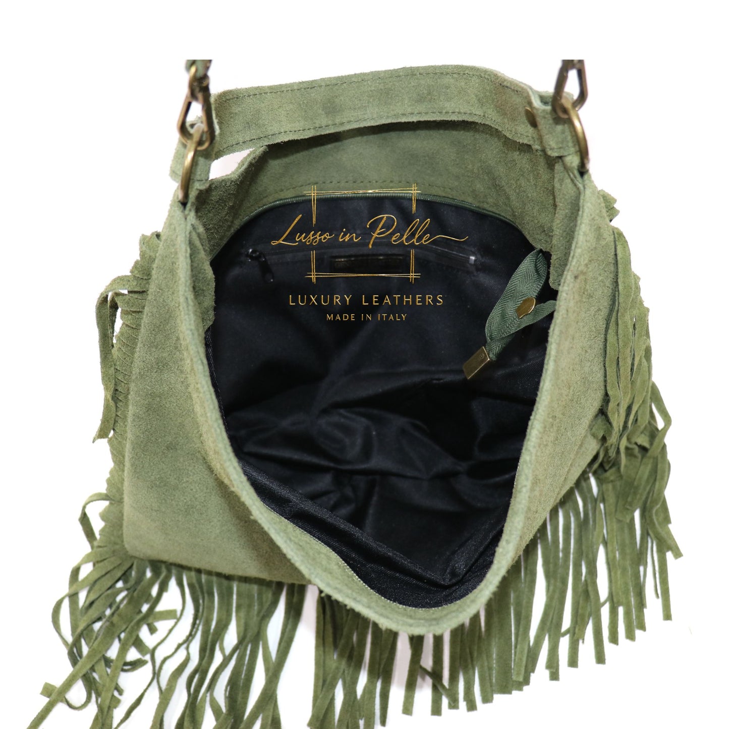 Large Suede Fringe Bag with Shoulder and Crossbody Straps: Handmade Genuine Italian Cowhide Suede Purse
