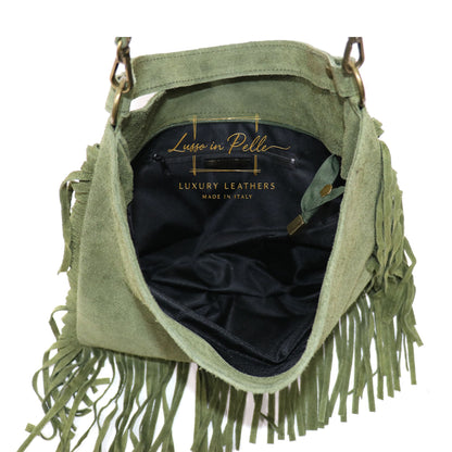Large Suede Fringe Bag with Shoulder and Crossbody Straps: Handmade Genuine Italian Cowhide Suede Purse