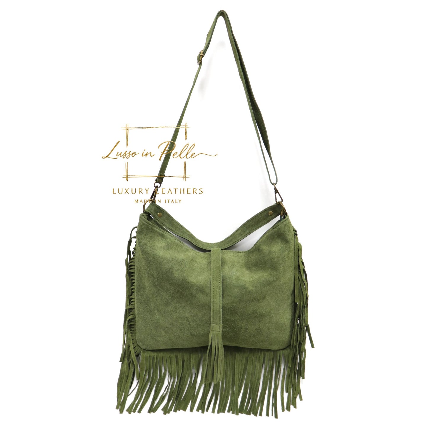 Large Suede Fringe Bag with Shoulder and Crossbody Straps: Handmade Genuine Italian Cowhide Suede Purse