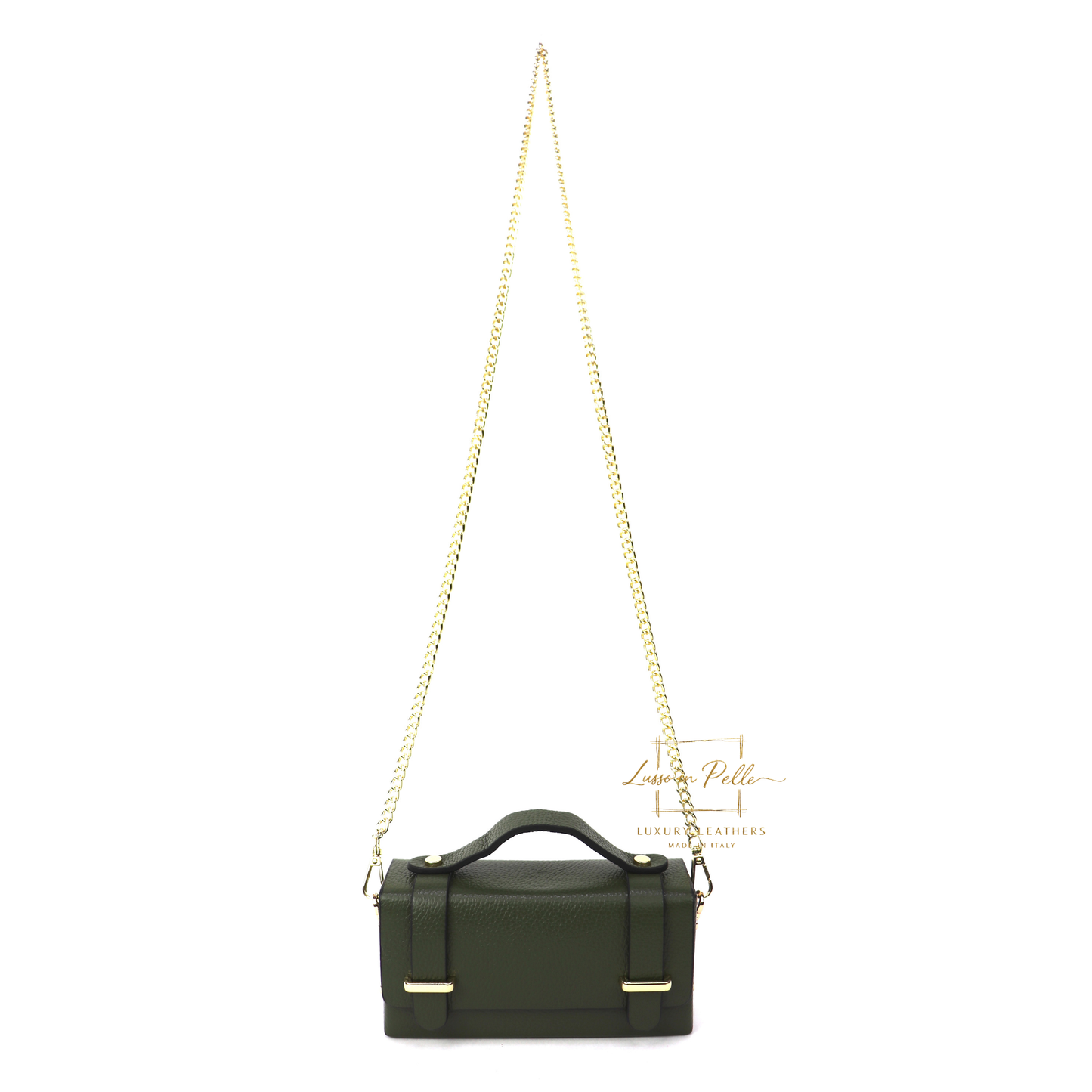 Small Genuine Leather Satchel Bag with Top Handle and Chain Straps
