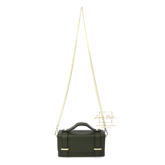 Small Genuine Leather Satchel Bag with Top Handle and Chain Straps