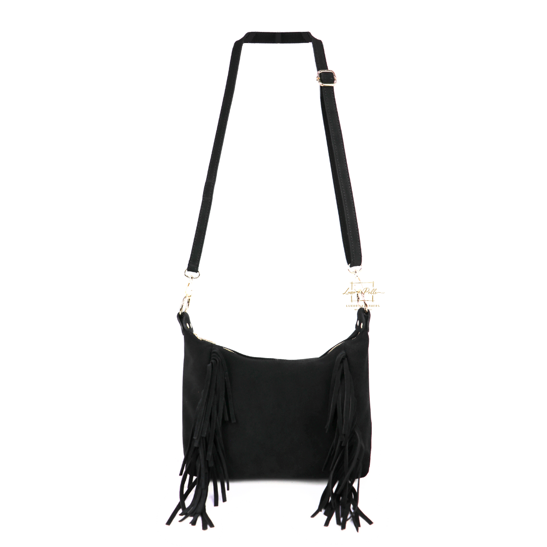 Genuine Suede Leather Crossbody / Shoulder Bag with tassel - Black