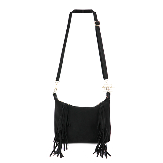 Genuine Suede Leather Crossbody / Shoulder Bag with tassel - Black