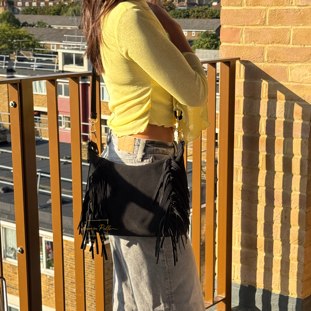 Genuine Suede Leather Crossbody / Shoulder Bag with tassel - Black