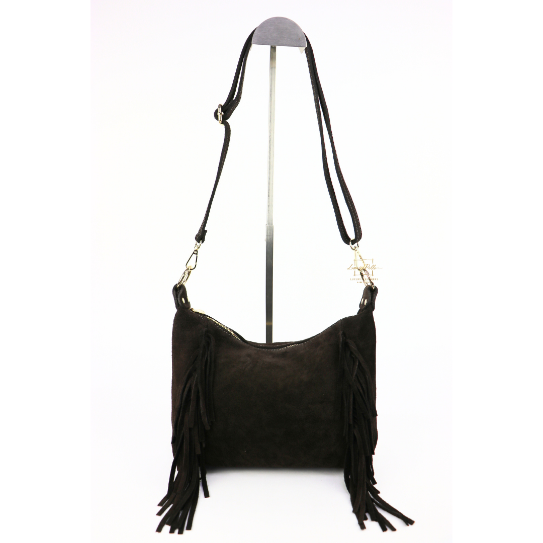 Genuine Suede Leather Crossbody / Shoulder Bag with tassel - Chocolate