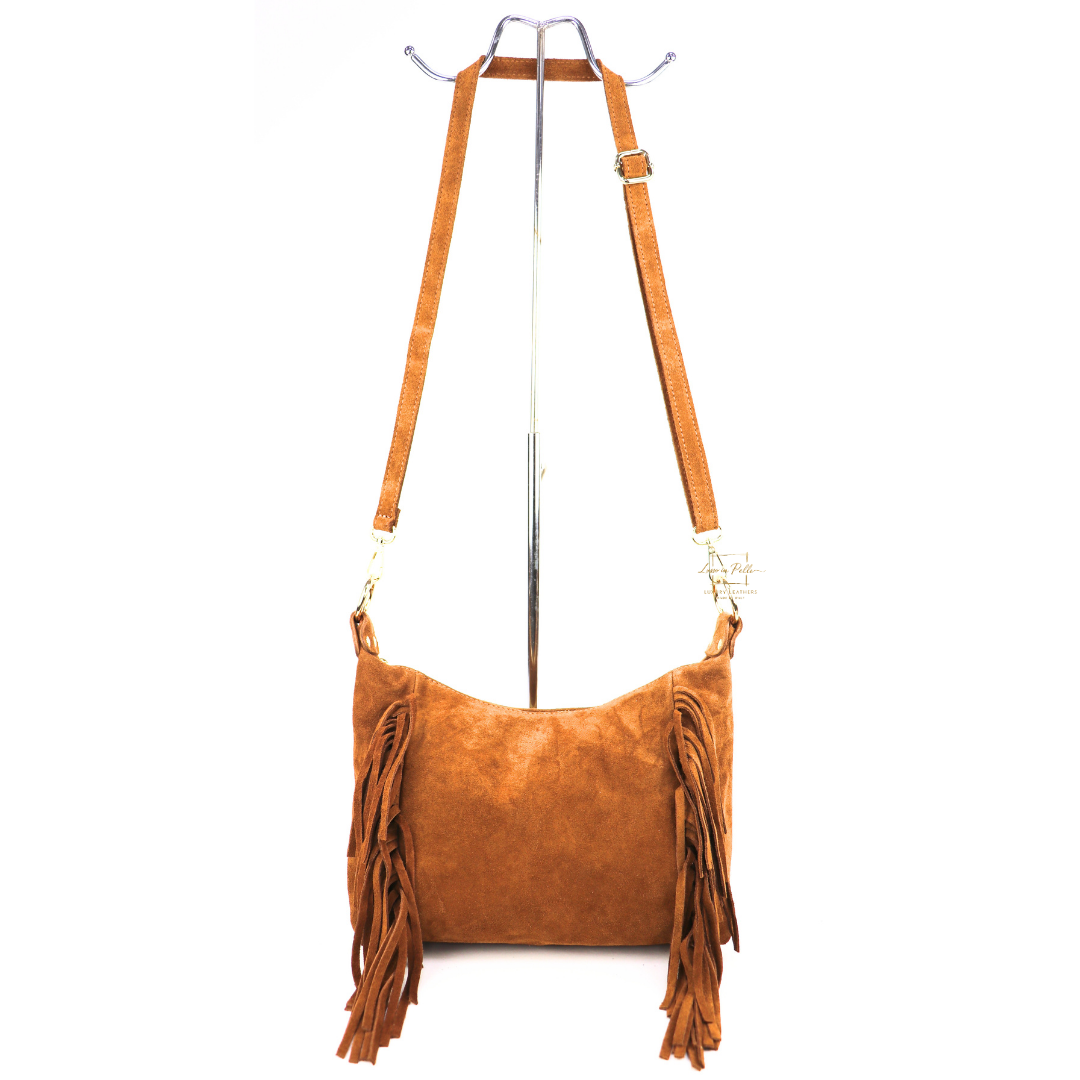 Genuine Suede Leather Crossbody / Shoulder Bag with tassel - tan