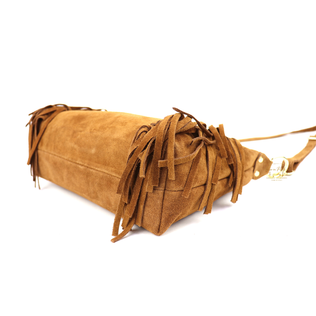 Genuine Suede Leather Crossbody / Shoulder Bag with tassel - Tan
