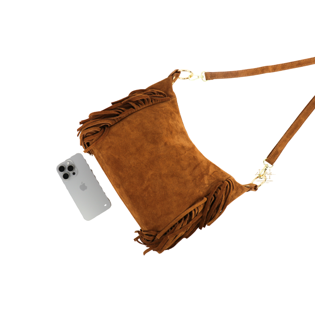 Genuine Suede Leather Crossbody / Shoulder Bag with tassel - Tan