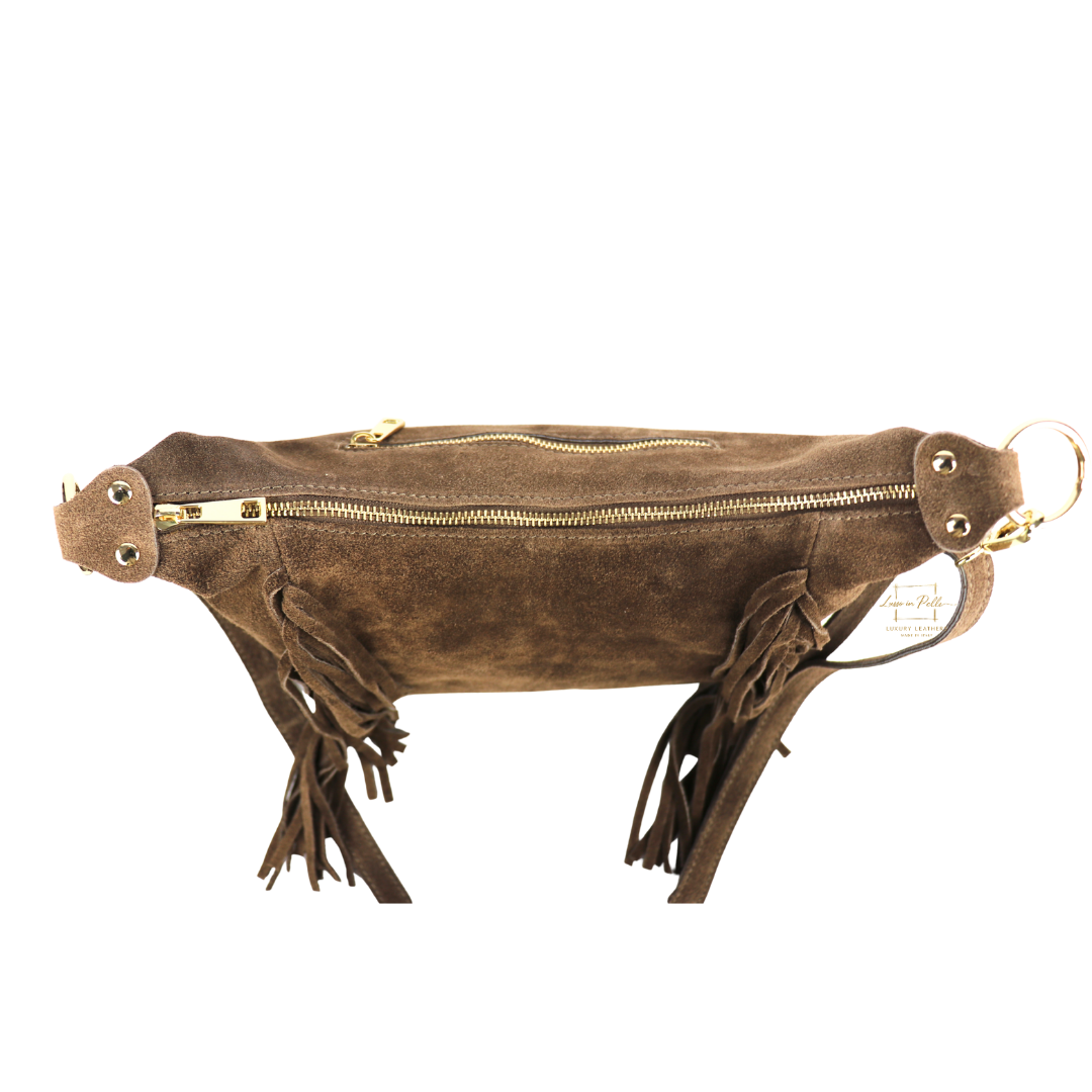 Genuine Suede Leather Crossbody / Shoulder Bag with tassel - Taupe