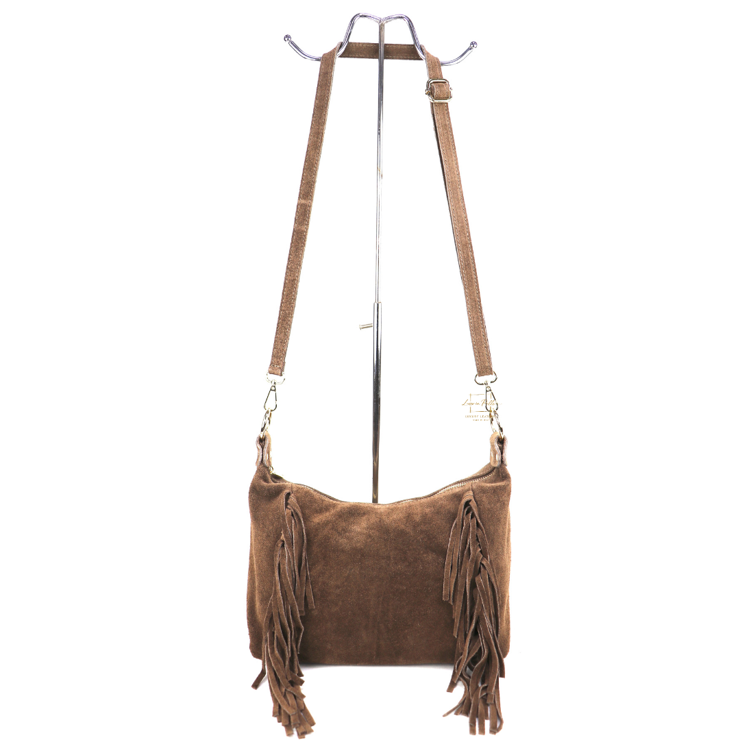 Genuine Suede Leather Crossbody / Shoulder Bag with tassel - Taupe