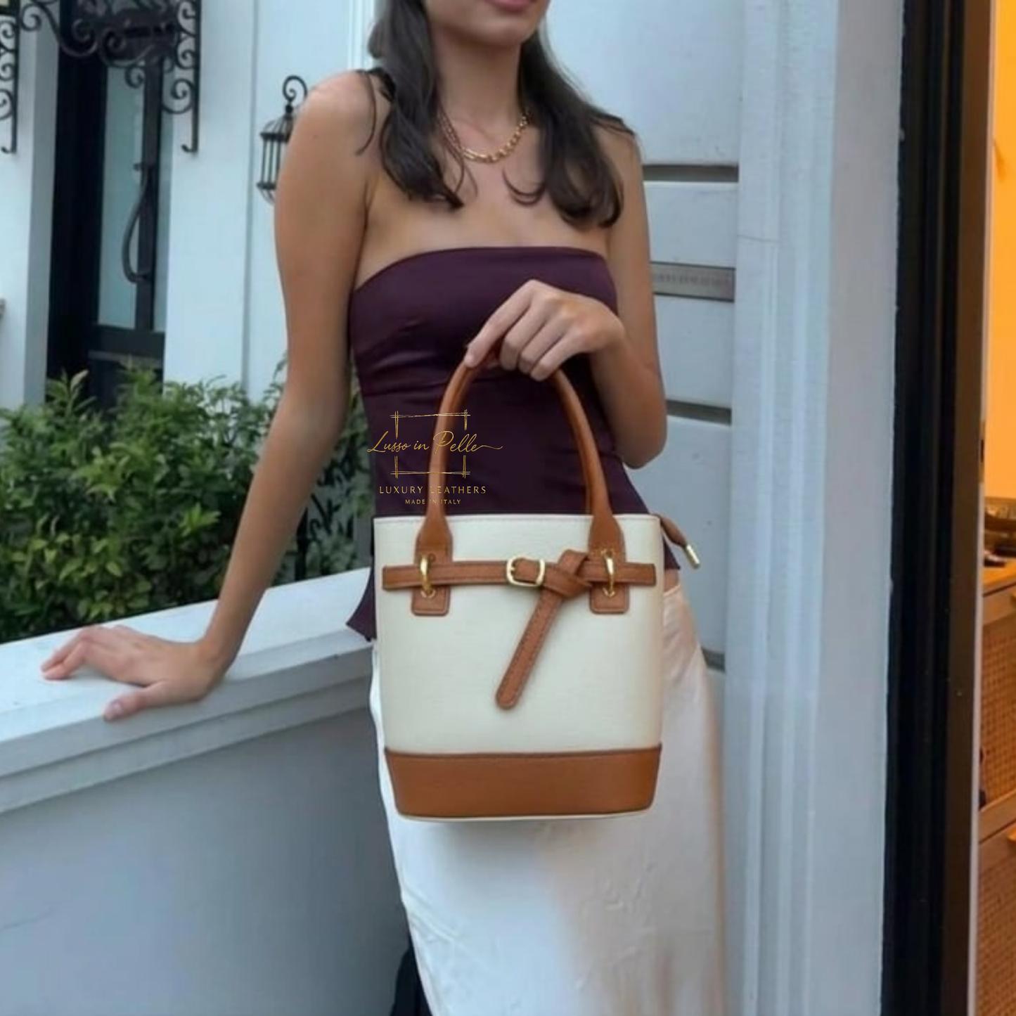 Grain Leather Bucket Bag with Crossbody Strap