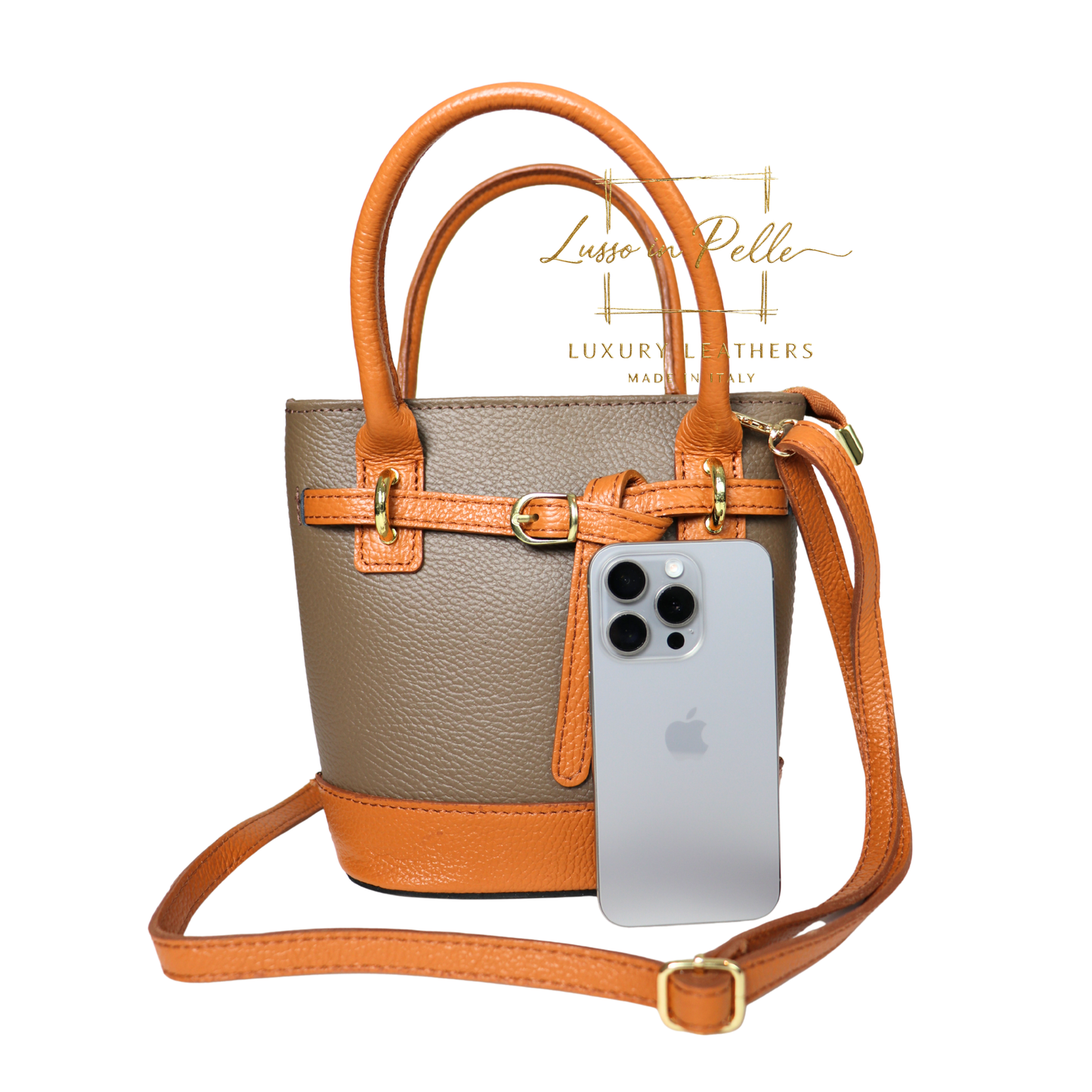 Grain Leather Bucket Bag with Crossbody Strap