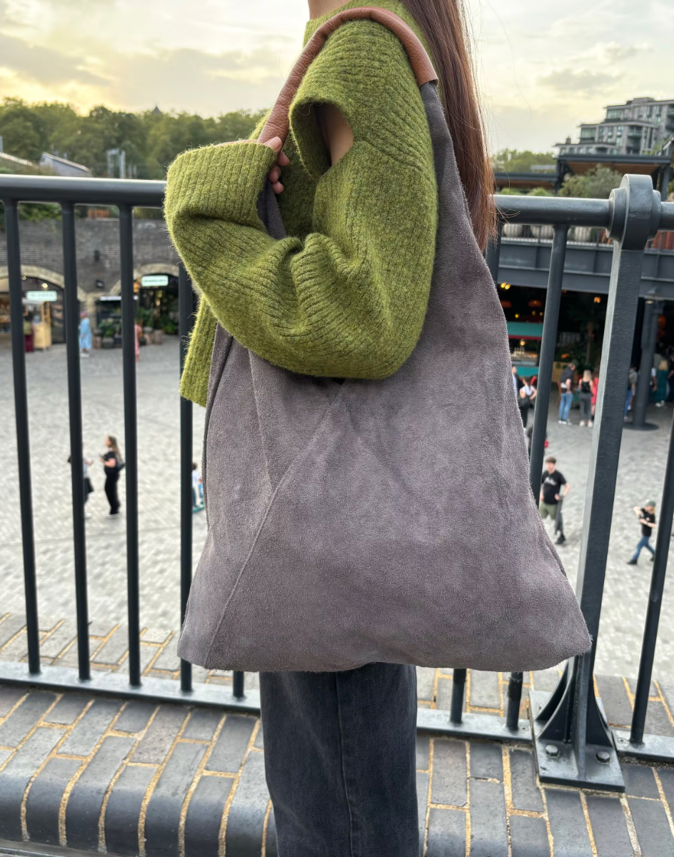 Large suede Hobo Bag with Tan Handle