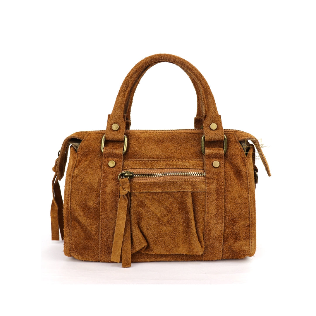 Small Suede Top Handle Crossbody Bag – Soft Genuine Leather Handbag with Detachable Strap
