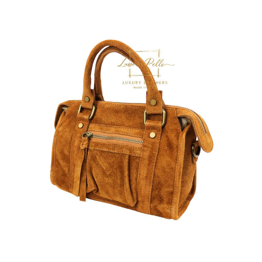 Small Suede Top Handle Crossbody Bag – Soft Genuine Leather Handbag with Detachable Strap