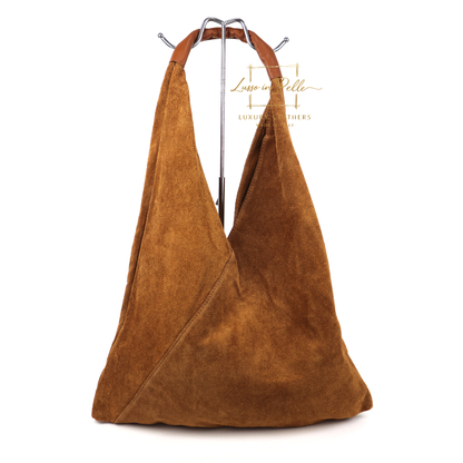 Milano Italian Suede Slouch Hobo Bag with Tan Leather Handle