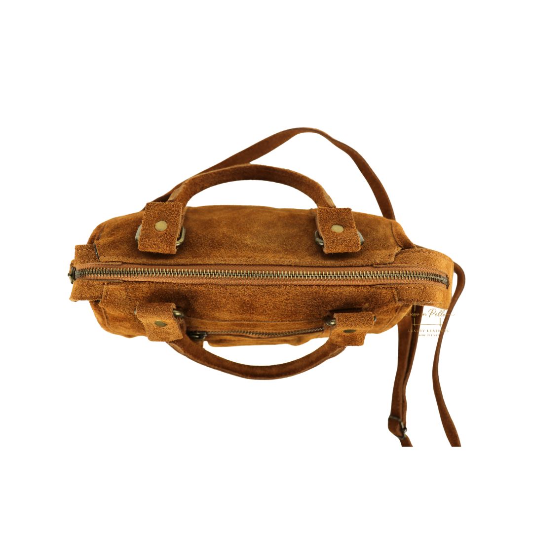 Small Suede Top Handle Crossbody Bag – Soft Genuine Leather Handbag with Detachable Strap
