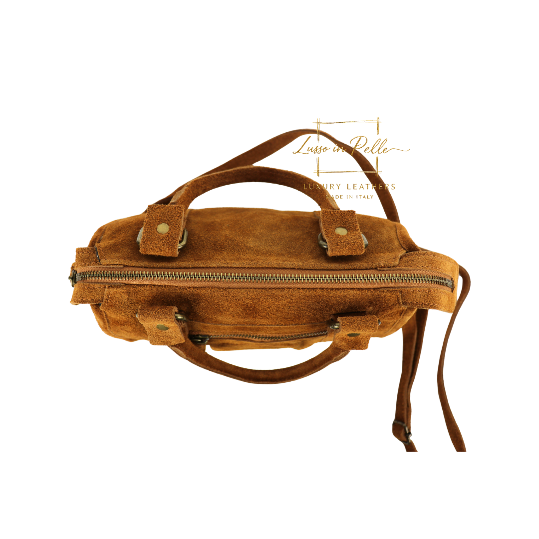 Small Suede Top Handle Crossbody Bag – Soft Genuine Leather Handbag with Detachable Strap