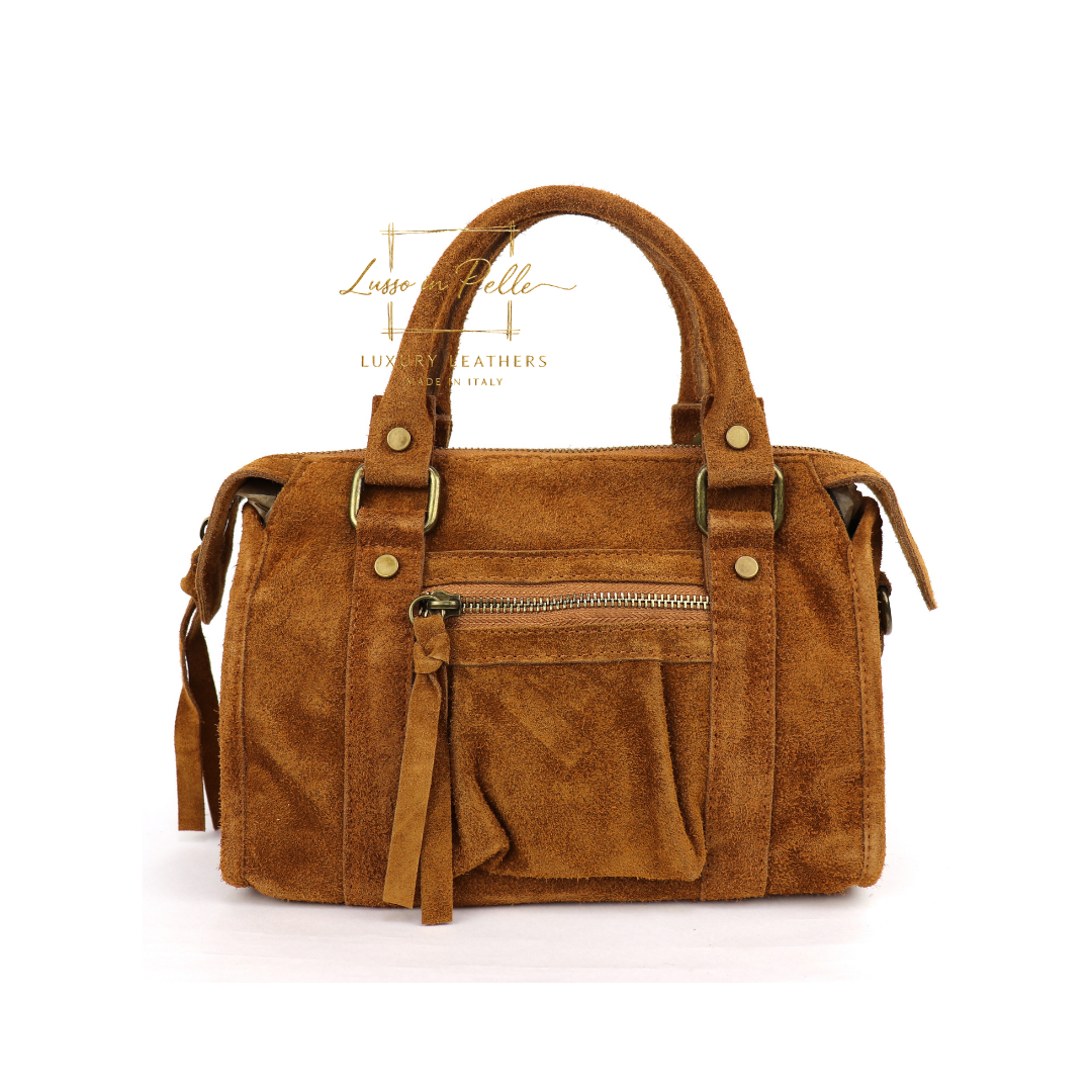 Small Suede Top Handle Crossbody Bag – Soft Genuine Leather Handbag with Detachable Strap