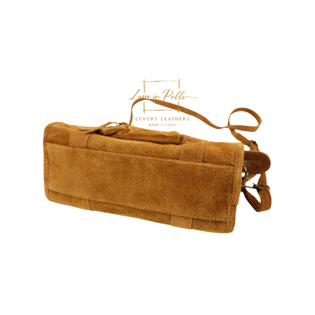 Small Suede Top Handle Crossbody Bag – Soft Genuine Leather Handbag with Detachable Strap