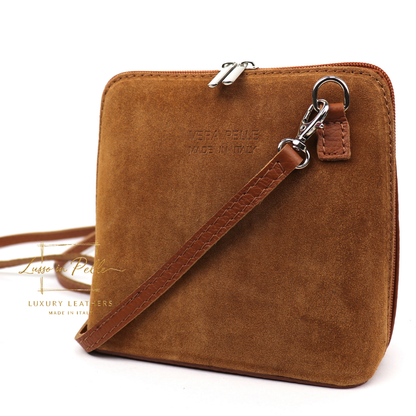 Small Suede Front Grain Leather Handbag with Detachable Straps