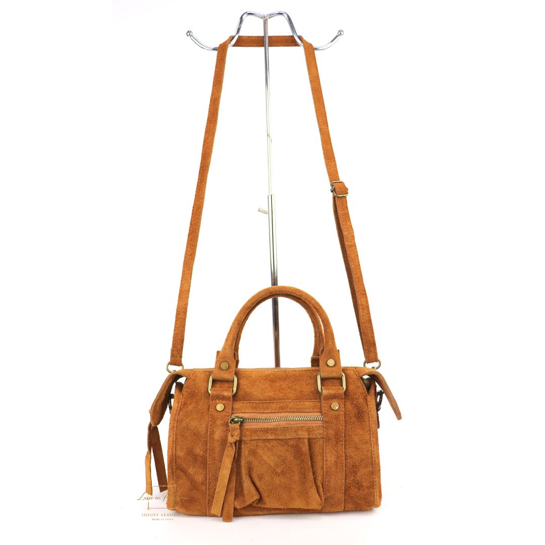 Small Suede Top Handle Crossbody Bag – Soft Genuine Leather Handbag with Detachable Strap