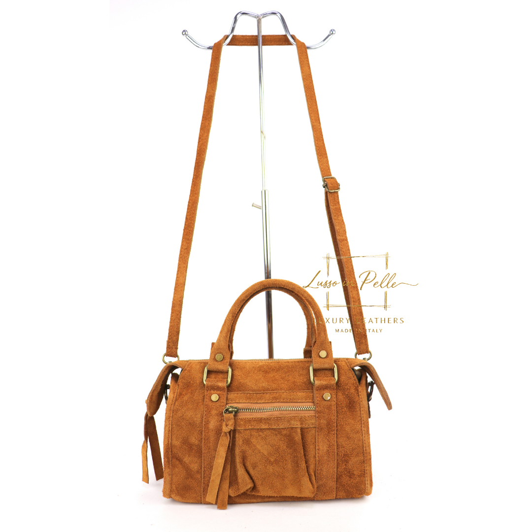 Small Suede Top Handle Crossbody Bag – Soft Genuine Leather Handbag with Detachable Strap