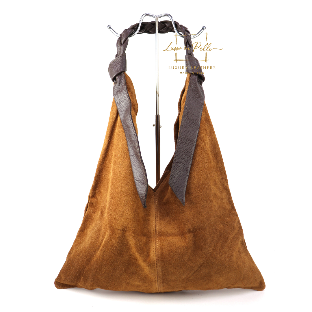 Suede Hobo Bag with Braided Leather Strap