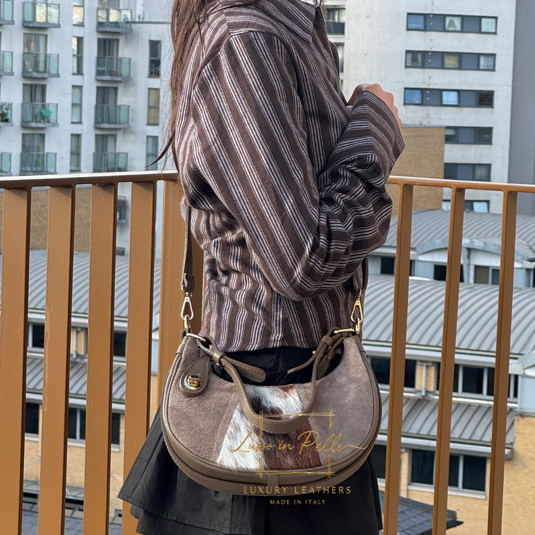 Small Half Moon Genuine Grain Leather Bag with Suede Front & Pony Hair Detail