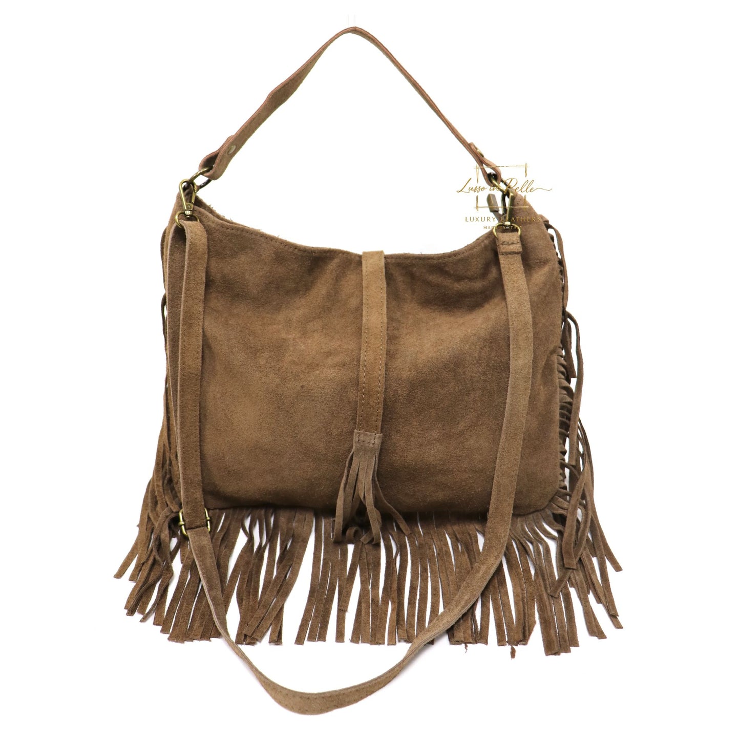 Large Suede Fringe Bag with Shoulder and Crossbody Straps: Handmade Genuine Italian Cowhide Suede Purse