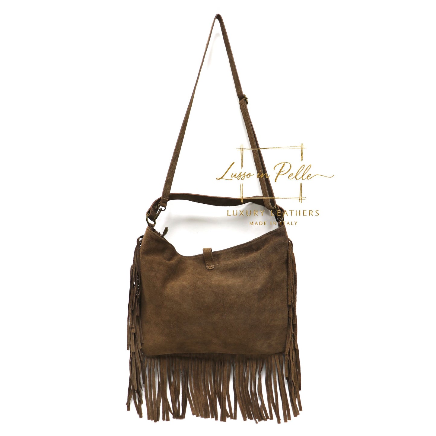 Large Suede Fringe Bag with Shoulder and Crossbody Straps: Handmade Genuine Italian Cowhide Suede Purse