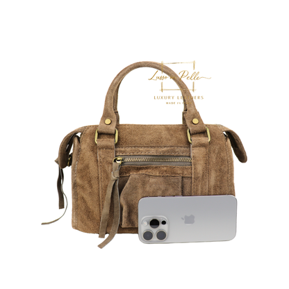 Small Suede Top Handle Crossbody Bag – Soft Genuine Leather Handbag with Detachable Strap