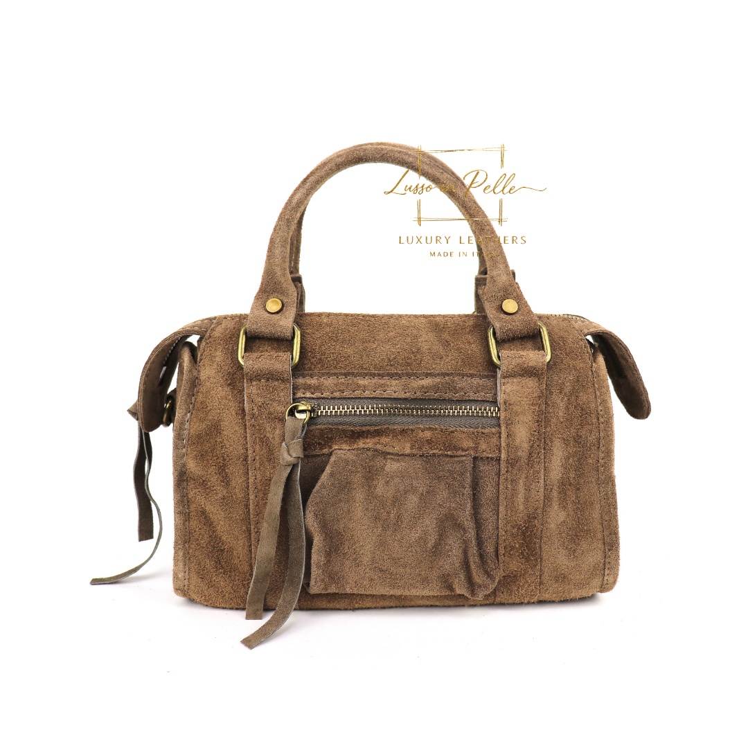 Small Suede Top Handle Crossbody Bag – Soft Genuine Leather Handbag with Detachable Strap