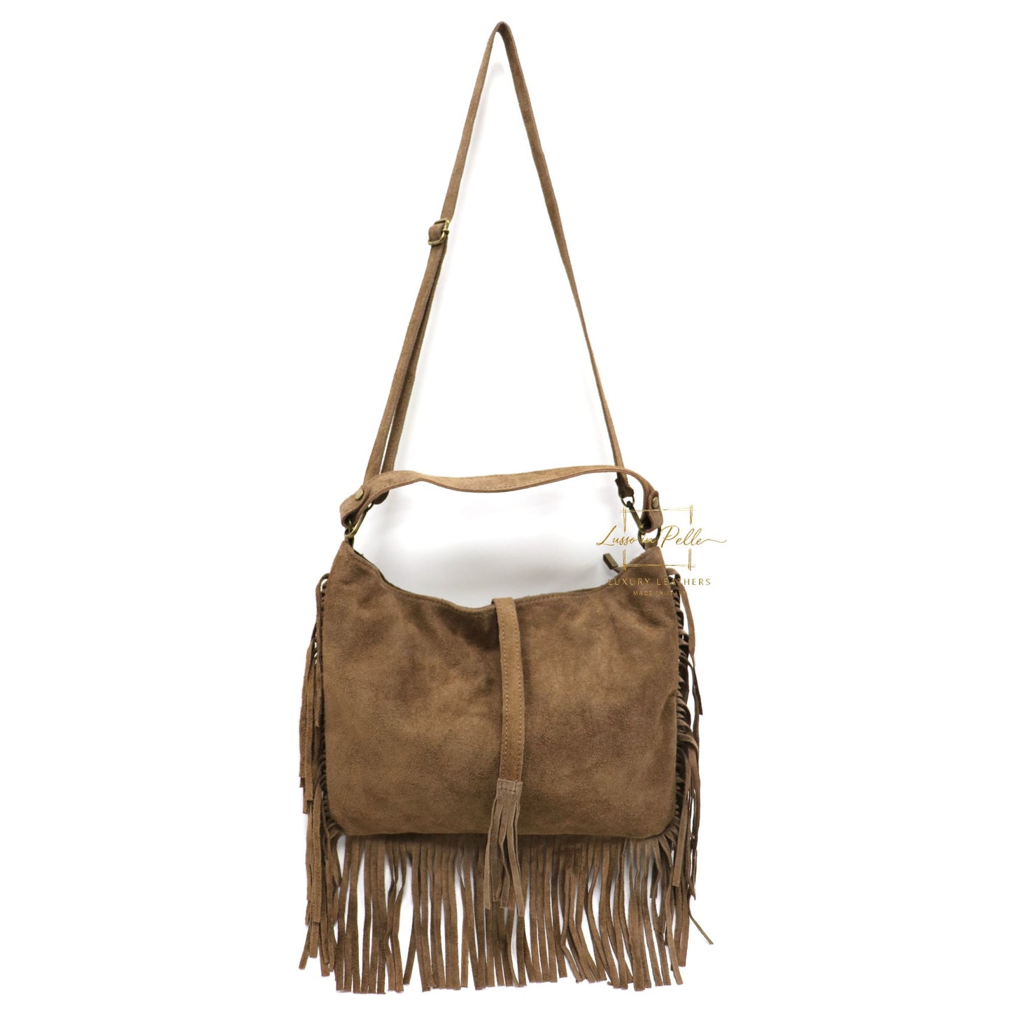 Large Suede Fringe Bag with Shoulder and Crossbody Straps: Handmade Genuine Italian Cowhide Suede Purse
