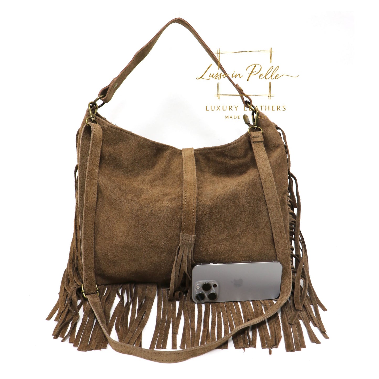 Large Suede Fringe Bag with Shoulder and Crossbody Straps: Handmade Genuine Italian Cowhide Suede Purse