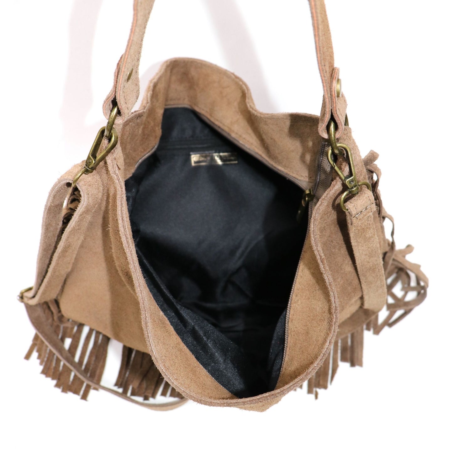 Large Suede Fringe Bag with Shoulder and Crossbody Straps: Handmade Genuine Italian Cowhide Suede Purse