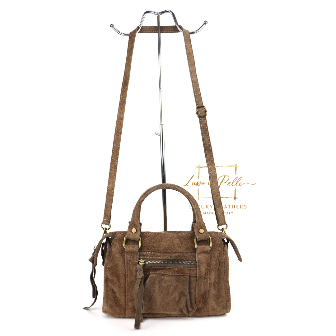 Small Suede Top Handle Crossbody Bag – Soft Genuine Leather Handbag with Detachable Strap